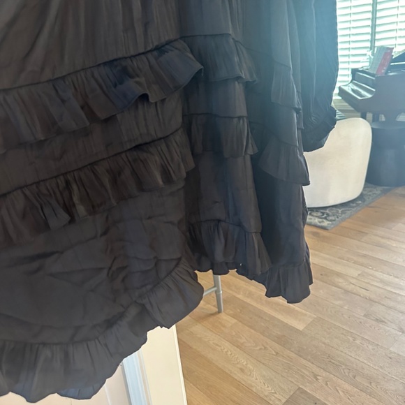 By Anthropologie Tiered Ruffled Mini Dress black Long Sleeve XL Satin $160 - Picture 8 of 10